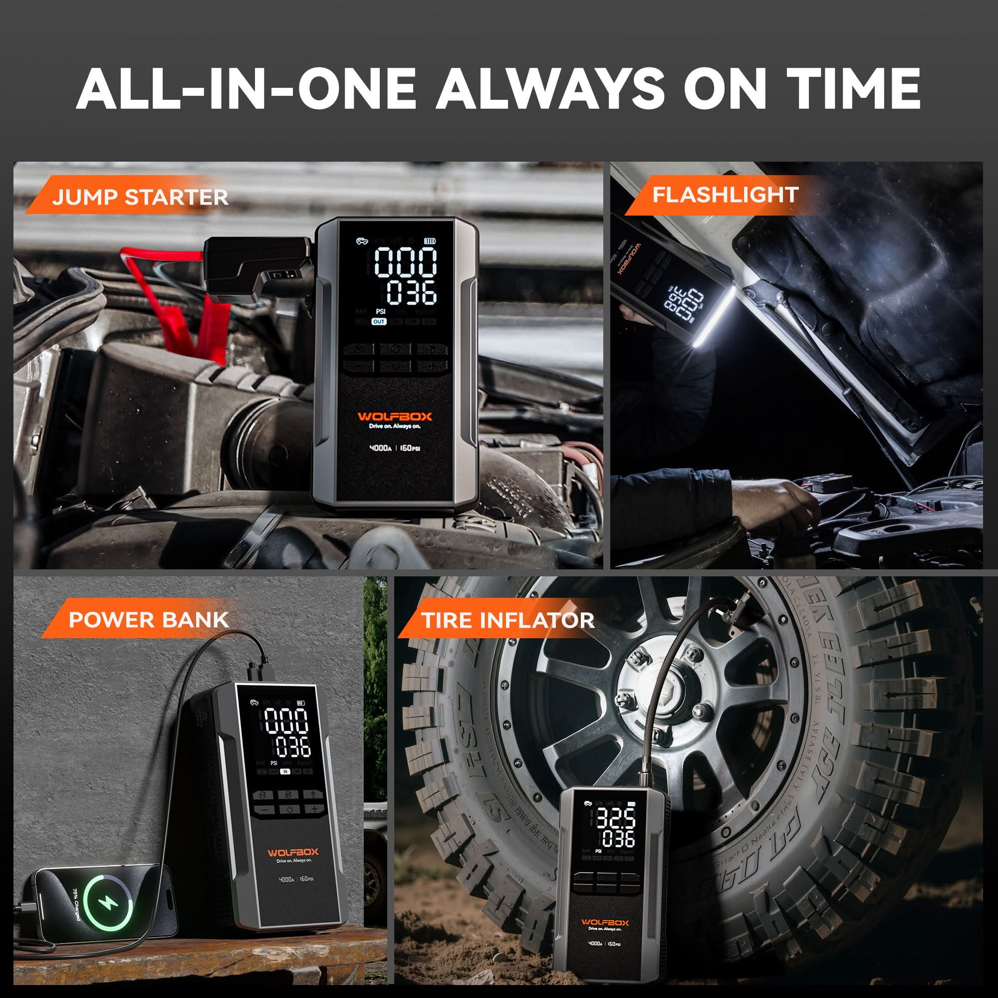 All-in-one jump starter and air compressor