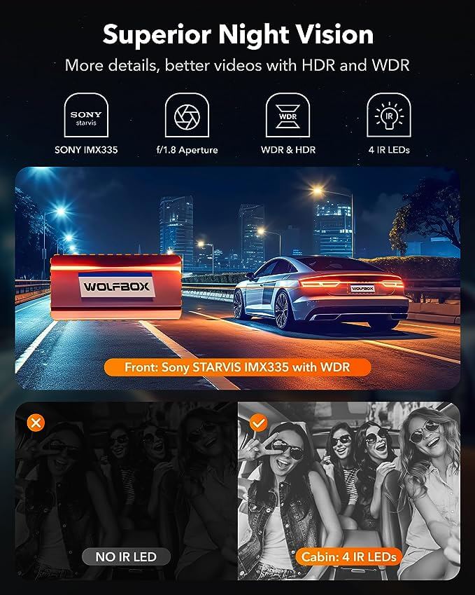 WOLFBOX i17 4K+2.5K 5G WiFi Super IR Night Vision Dash Cam