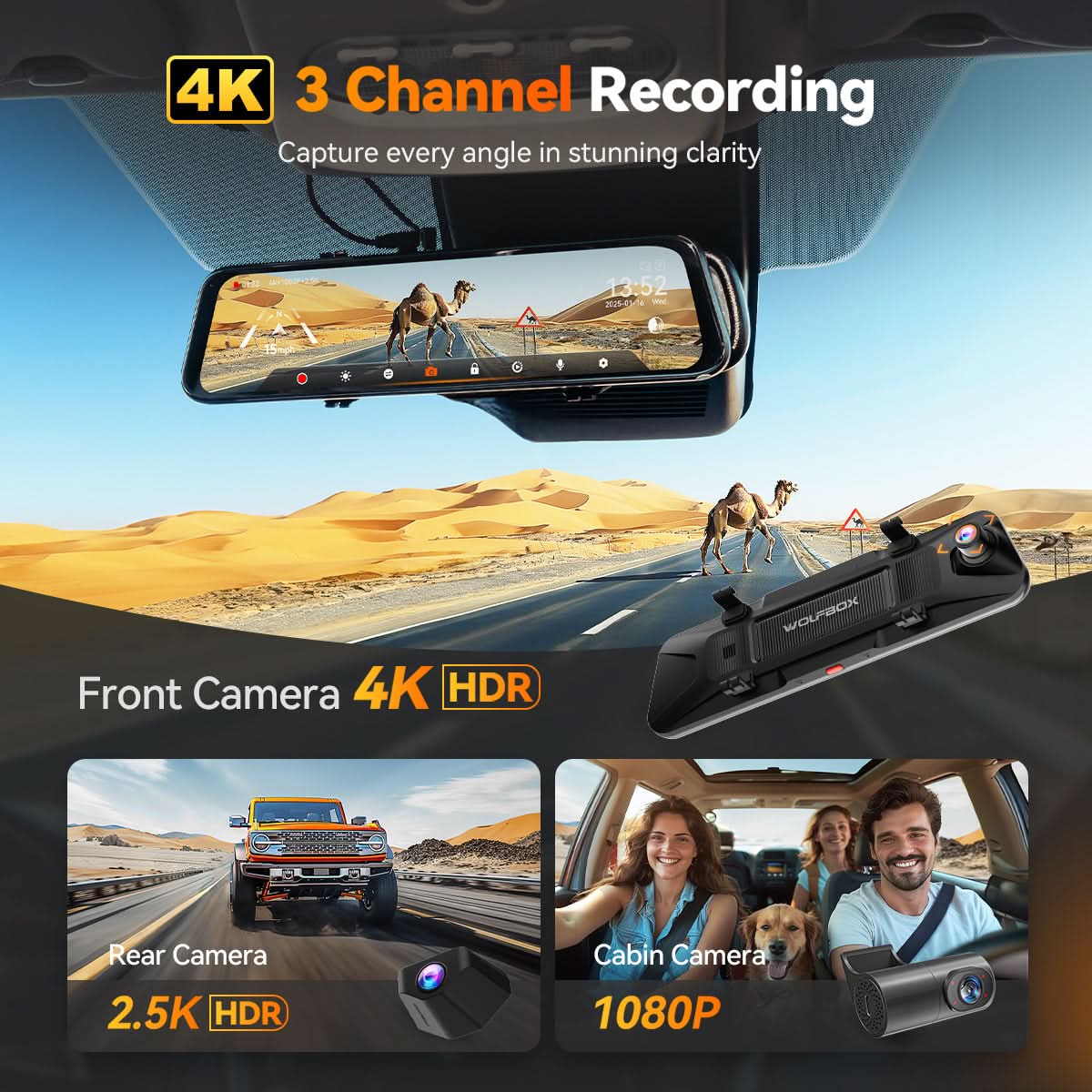 Wolfbox G900 Tripro Cabin Dash Cam with 3-Channel Recording