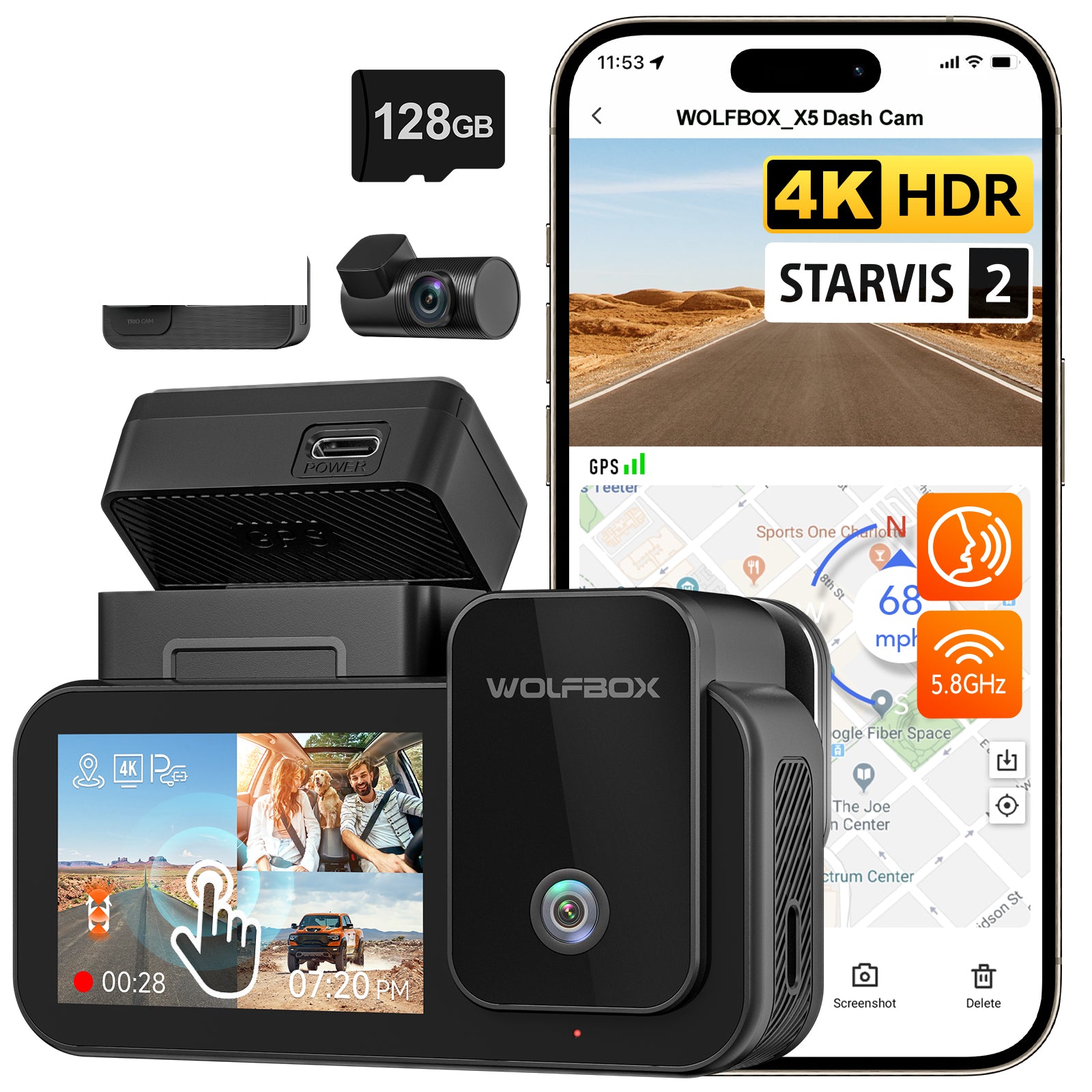 WOLFBOX X5 3 Channel Touchscreen WiFi Mini Dash Camera